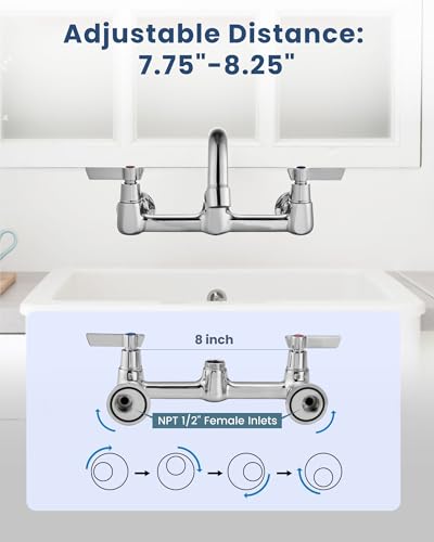 Airuida Wall Mount Commercial Kitchen Faucet,8 Inch Swivel Spout,8 Inch Center Utility Sink Faucet with Dual Handles,Solid Brass 360° Swivel Spout,Commercial Sink Faucet for Kitchen Laundry,Chrome | Commercial Sink Faucet,Dual Handles,Utility Sink Faucet,