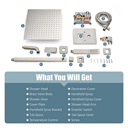 Aolemi Shower Faucet Set with Tub Filler Handheld 10" Head Brushed Nickel | Shower Valve and Trim Kit,Handheld Spray,Tub Spout,Single Handle,SUS304,Bathroom Mixer for Remodeling - color: Nickel, size: 10 Inch Shower Head