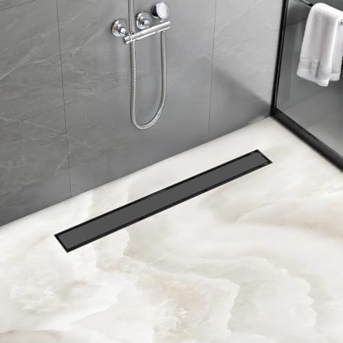 Linear Shower Drain 24 inch Matte Black with Tile Insert Grate | AISI 304 Stainless Steel Black Linear Drain Rectangle Shower Floor Drain with Hair Strainer and Leveling Feet - color: Black, size: 24 inch