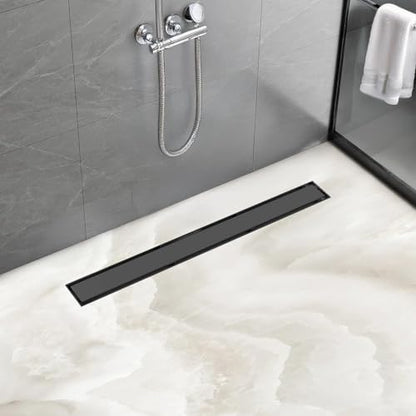 Linear Shower Drain 24 inch Matte Black with Tile Insert Grate | AISI 304 Stainless Steel Black Linear Drain Rectangle Shower Floor Drain with Hair Strainer and Leveling Feet - color: Black, size: 24 inch