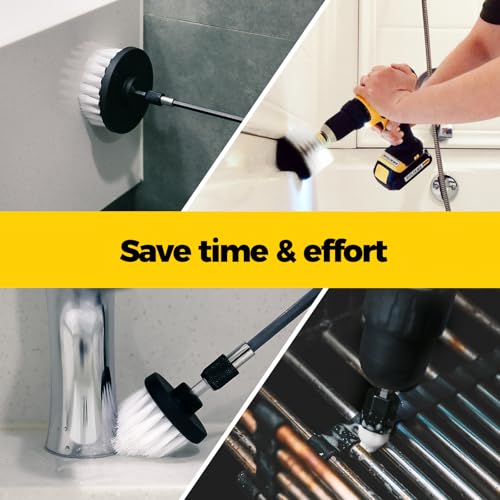 Holikme 6Pack Drill Brush Power Scrubber Cleaning Brush Extended Long Attachment Set All Purpose Drill Scrub Brushes Kit for Grout, Floor, Tub, Shower, Tile, Bathroom and Kitchen Surface White | 5 head sizes, white nylon fibers, power scrubber attachments