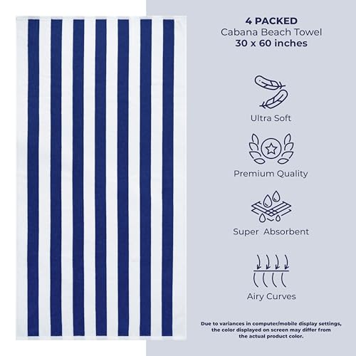 American Soft Linen Cabana Striped Beach Towels, 30x60 inch 4 Piece Oversize Pool Towels, Quick Drying Sand Free Swim Towels, Navy Blue - color: Navy Blue