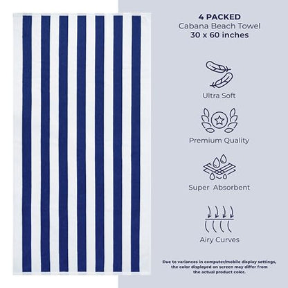 American Soft Linen Cabana Striped Beach Towels, 30x60 inch 4 Piece Oversize Pool Towels, Quick Drying Sand Free Swim Towels, Navy Blue - color: Navy Blue