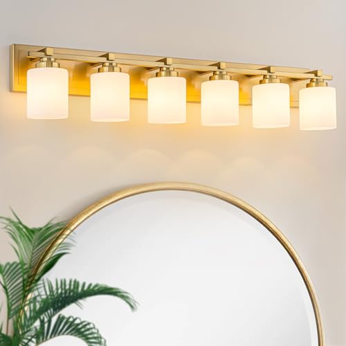 Modern Bathroom Light Fixtures Over Mirror, Vanity Lights for Bathroom Wall Sconces with Milky White Glass Shades, E26 Socket (Bulbs Not Included), 6 Light, Brass - color: Brass - Milky White Glass Shades, size: 6-Lights
