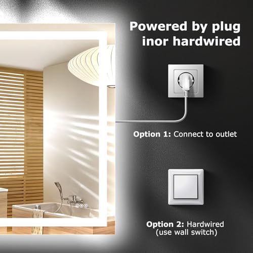 Hivone 60"X40" LED Bathroom Mirror with Lights, Anti-Fog, Dimmable, Backlit + Front Lit, Smart Bathroom Vanity Mirror, Memory Function, Shatterproof, Tempered Glass (Horizontal/Vertical) - size: 60"L x 40"W