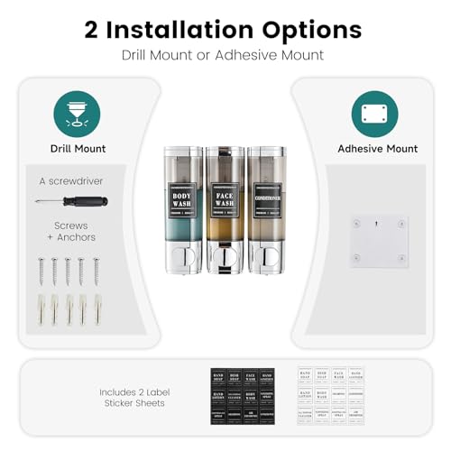 Shampoo and Conditioner Dispenser,Shower Soap Dispenser 3 Chamber No Drill | Wall-Mounted Shampoo Dispenser for Shower Wall Mounted Shower Dispenser for Bathroom Hotel Large Capacity, Chrome - color: 3chrome