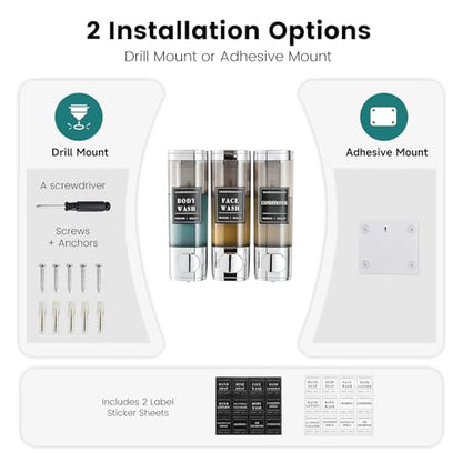 Shampoo and Conditioner Dispenser,Shower Soap Dispenser 3 Chamber No Drill | Wall-Mounted Shampoo Dispenser for Shower Wall Mounted Shower Dispenser for Bathroom Hotel Large Capacity, Chrome - color: 3chrome