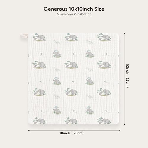 Bearmoss 12 Pack Baby Muslin Washcloths, 100% Cotton 10"x10" Face Towels | Soft Absorbent Bath Wash Cloths and Burp Cloths for Newborn Infants Kids Girls & Boys (Green Elephant) - color: Green Elephant