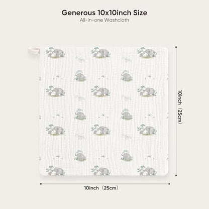 Bearmoss 12 Pack Baby Muslin Washcloths, 100% Cotton 10"x10" Face Towels | Soft Absorbent Bath Wash Cloths and Burp Cloths for Newborn Infants Kids Girls & Boys (Green Elephant) - color: Green Elephant