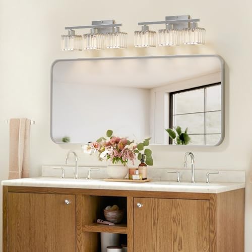 comzler 3-Light Bathroom Light Fixtures Over Mirror, Brushed Nickel Crystal Wall Sconce with E26 Base for Mirror Kitchen Living Room Bathroom, Square Crystal Shades (Bulbs Excluded) - size: Square