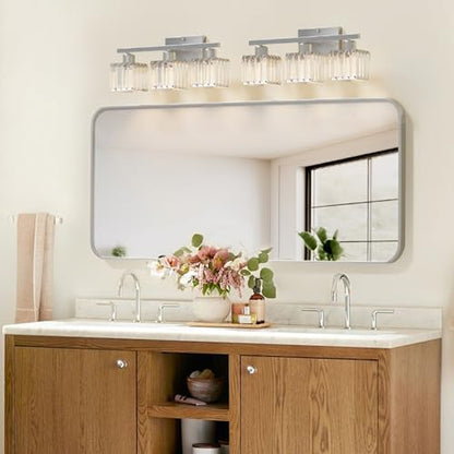 comzler 3-Light Bathroom Light Fixtures Over Mirror, Brushed Nickel Crystal Wall Sconce with E26 Base for Mirror Kitchen Living Room Bathroom, Square Crystal Shades (Bulbs Excluded) - size: Square
