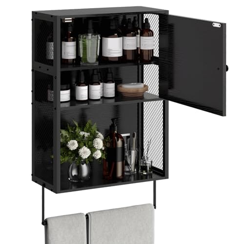 ETELI Small Bathroom Wall Cabinet Bathroom Storage Cabinet Wall Mounted with Door 3 Tier Medicine Cabinet Hanging Bathroom Storage Shelf Over Toilet with Towel Bar for Small Space Bathroom, Black