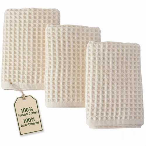PÜSKÜL Natural 100% Turkish Cotton Waffle Hand and Kitchen Towels Set of 3 | Raw-Undyed, Large 32x16 inc, Honeycomb-Waffle weave towel for bathroom & kitchen. Premium quality oeko-tex made in Turkey. - color: Natural Raw-undyed, size: Kitchen & Hand Towel