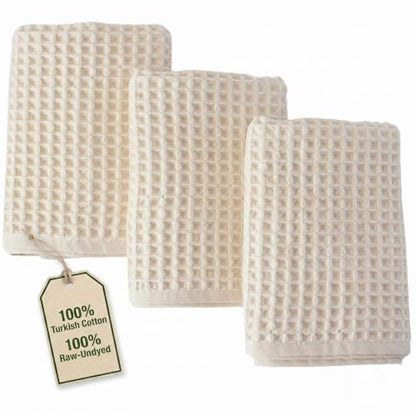 PÜSKÜL Natural 100% Turkish Cotton Waffle Hand and Kitchen Towels Set of 3 | Raw-Undyed, Large 32x16 inc, Honeycomb-Waffle weave towel for bathroom & kitchen. Premium quality oeko-tex made in Turkey. - color: Natural Raw-undyed, size: Kitchen & Hand Towel