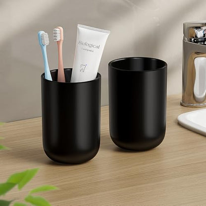 MOPMS 13oz Bathroom Tumbler 2PC, Unbreakable Plastic Cup, Black | Unbreakable 380ml plastic bathroom tumbler with non-slip grip. Durable, reusable toothbrush cup for home and travel - color: Black-2pcs