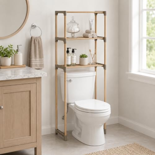 Honey-Can-Do 3-Tier Wood Over-the-Toilet Storage Shelf, Natural | Space-saving natural wood shelf fits over toilet/small appliances. 2 slatted shelves + hanging bar. Tool-free build.