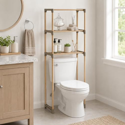 Honey-Can-Do 3-Tier Wood Over-the-Toilet Storage Shelf, Natural | Space-saving natural wood shelf fits over toilet/small appliances. 2 slatted shelves + hanging bar. Tool-free build.