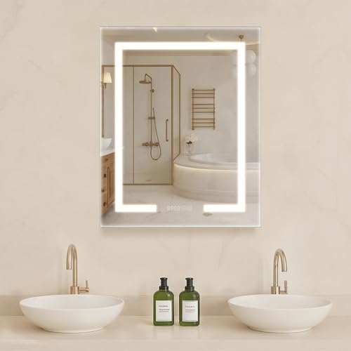 VEVOR Lighted Medicine Cabinet with Mirror, 24 x 30 in Recessed or Wall Mount, 3 Color Dimmable LED Bathroom Medicine Cabinet with HD Mirror, Clock, Adjustable Shelve Storage, Memory Defog Function - size: 24x30 in, style: With time&temp display
