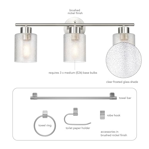 Globe Electric 5-Piece All-in-One Brushed Nickel Bathroom Accessory Set with 23" 3-Light Vanity Light and Clear Frosted Glass Shades - color: Brushed Nickel
