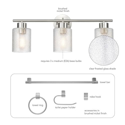 Globe Electric 5-Piece All-in-One Brushed Nickel Bathroom Accessory Set with 23" 3-Light Vanity Light and Clear Frosted Glass Shades - color: Brushed Nickel