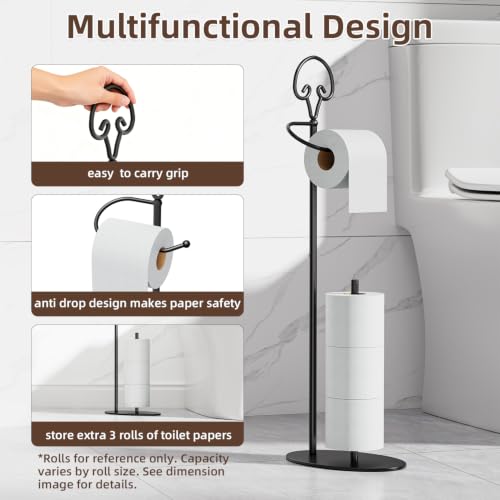 Toilet Paper Holder Stand with Dispenser,Free Standing, Classic,Black | Rustproof,Holds 4 Mega Rolls, Anti-Slip Base, Easy Grip Top,Raised Waterproof Base,Minimalistic Toilet Paper Storage Solution