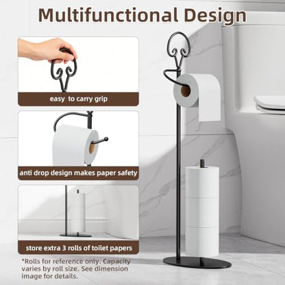Toilet Paper Holder Stand with Dispenser,Free Standing, Classic,Black | Rustproof,Holds 4 Mega Rolls, Anti-Slip Base, Easy Grip Top,Raised Waterproof Base,Minimalistic Toilet Paper Storage Solution