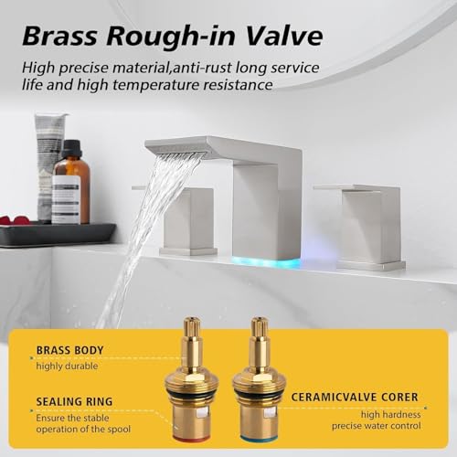 BESy LED Brushed Nickel Square Bathroom Faucets 3 Hole Waterfall 8 Inch Widespread with 3 Colors Light Changing Sink Faucet with Pop-up Drain and Supply Lines 2 Handles for Vanity, Lavatory, Restroom - color: Brushed Nickel