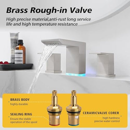 BESy LED Brushed Nickel Square Bathroom Faucets 3 Hole Waterfall 8 Inch Widespread with 3 Colors Light Changing Sink Faucet with Pop-up Drain and Supply Lines 2 Handles for Vanity, Lavatory, Restroom - color: Brushed Nickel