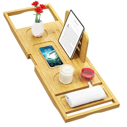 Banlilu Bathtub Tray - Bath Tray Expandable - Bath Tub Tray Table for Bathtub, Ajustable Size, Fits Most Tubs - color: Natural Bamboo Wood