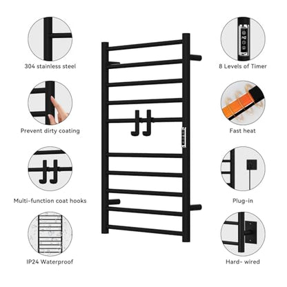 Electric Stainless Steel Warmer Rack Heated Towel Rack with 2 Hooks,Timer Temperature Multi-Level Adjustable Plug-in/Hardwired Hot Towel Rack for Bathroom Spa Gym Hotel (Black, 10-Bar) - color: Black, size: 10-Bar