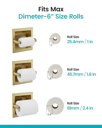 Recessed Toilet Paper Holder Gold, in-Wall, 304 Stainless Steel | Inset Toilet Paper Holder, Spring-Free Pivoting Arm, Space-Saving Flush Mount, Fits Rolls up to 6 in - color: Gold