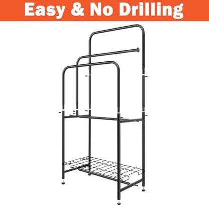 Towel Racks for Bathroom, 35" H Standing Towel Holder 3 Tier Metal Pool Towel Hanger Outdoor Floor with Storage Shelves for Blanket Bath Towel Drying (Matte Black)