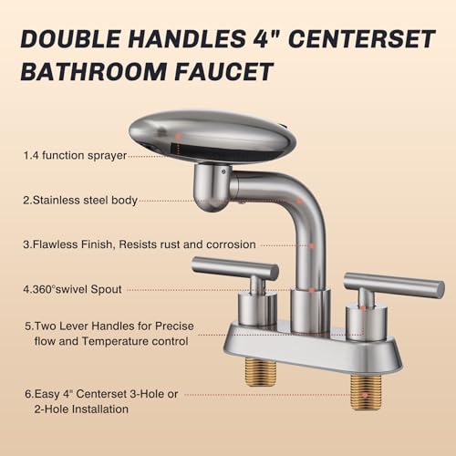 Bathroom Sink Faucet, 4-Inch Centerset,Brushed Nickel Bathroom Faucet | 4 Modes Waterfall Bathroom Faucet,2 Handle with 360° Swivel Spout,withPop Up Drain, 4inch Bathroom Faucet - color: brushed nickle