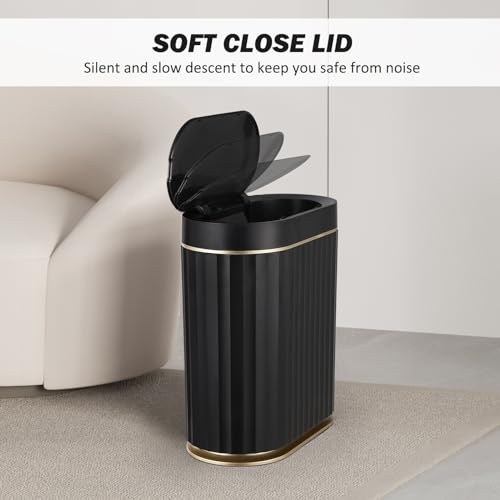 ELPHECO Black Bathroom Trash Can with Lid 2 Gallon Sensor Trash Bin, Automatic Narrow Garbage Can, Waterproof Smart Trash Can, Slim Motion Sensor Waste Bins for Bathroom, Living Room, Office | Automatic Garbage Can, IPX5 Waterproof Plastic Wastebasket, Sl