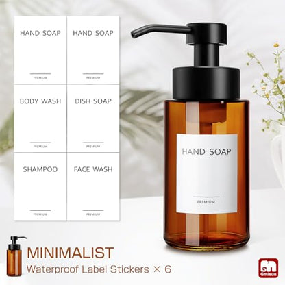 GMISUN Glass Foaming Soap Dispenser, 10 Fl oz / 300ml Amber Glass Soap Dispenser for Bathroom & Kitchen, 2 Pack Modern Refillable Foam Hand Soap Dispensers, Bathroom Hand Soap Dispensers with Labels - color: Amber Bottle, size: 10 Fl oz