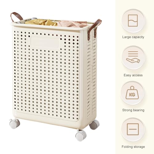Slim Rolling Laundry Basket with Wheels Plastic Foldable Dirty Clothes Hamper Large Capacity Breathable Mesh Laundry Bin with Leather Handles for Narrow Space Bathroom White M