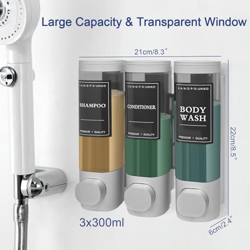 3-Chamber Wall Mount Shower Dispenser - No-Drill Adhesive or Drill Mount - Refillable Shampoo, Conditioner & Body Wash Dispenser for Home, RV & Hotel - Eco-Friendly & Compact (Silver) - color: Silver