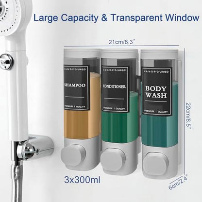 3-Chamber Wall Mount Shower Dispenser - No-Drill Adhesive or Drill Mount - Refillable Shampoo, Conditioner & Body Wash Dispenser for Home, RV & Hotel - Eco-Friendly & Compact (Silver) - color: Silver