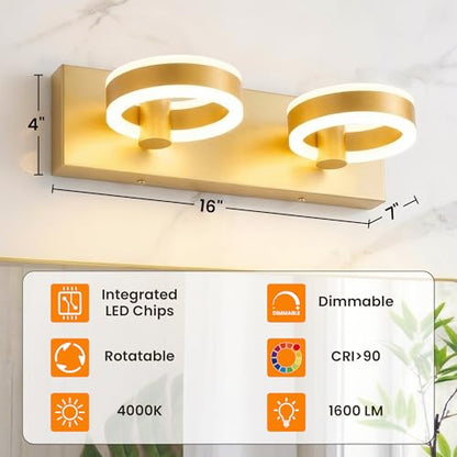 LED Bathroom Light Fixtures,15inch Gold Vanity Lights, Modern 2 Light Acrylic Wall Sconces, 350° Rotatable Wall Lighting Fixture Over Mirror - color: Gold, size: 2 Lights