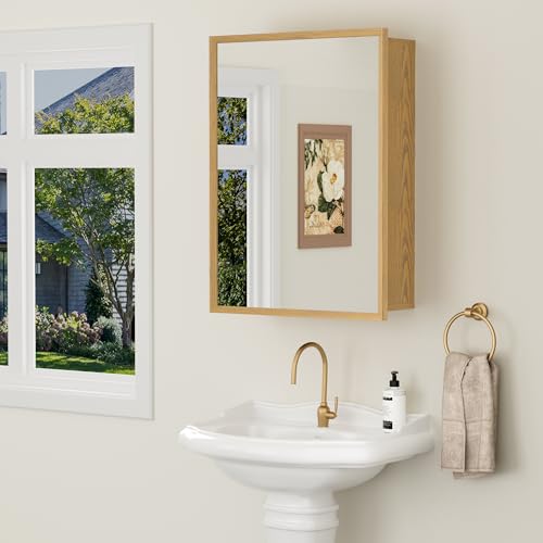 24x30 Inch Wood Medicine Cabinet with Mirror for Bathroom, Oak Finish | Recessed or Wall Mounted Cabinets, Adjustable Shelf, Soft-close Hinges, HD Reflection, Reversible Installation - size: 24x30