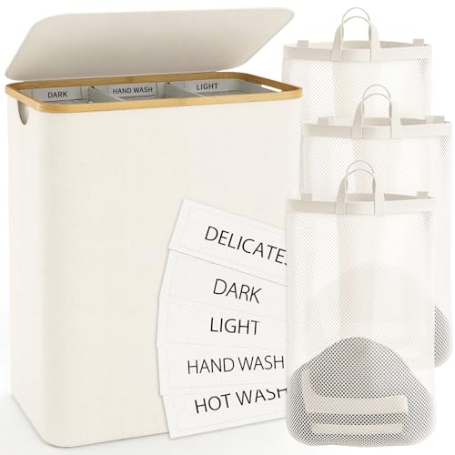 Hampers for Laundry Basket with Lid, 160L Large Laundry Hamper 3 Section | Dirty Clothes Hamper Separator with 3 Removable Bags & 5 Labels, Divided Laundry Organizer for Bedroom, Laundry Room, Beige - color: Beige, size: 160L