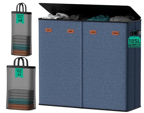 185L Laundry Hamper 4 Section with Lid & Removable Bags | Collapsible laundry basket organizer for laundry room, bedroom & dorm with 5 removable washing bags - color: Navy Blue, size: 185L - 4 Section