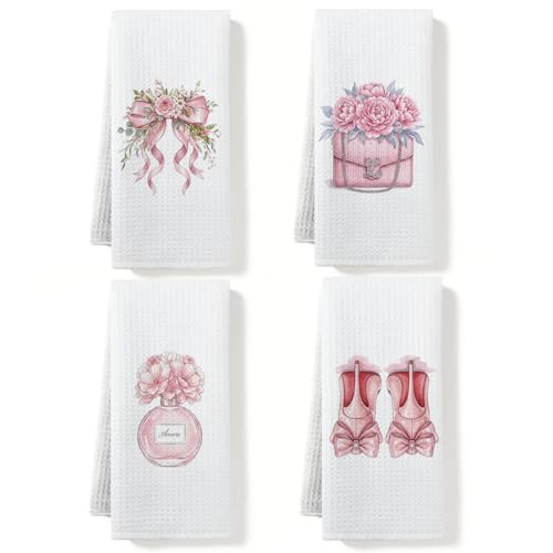 Pink Bows Kitchen Towels Set of 4 Trendy Pink Flower High Heel Kitchen Decor Preppy Tea Towels Waffle Soft Absorbent Dish Towel Decorative Hand Towel for Bathroom Housewarming Gifts, 14x24 Inches - color: Multi0192