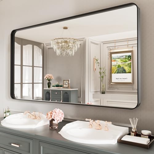 LOAAO Black Metal Framed Bathroom Mirror for Wall, Large 55X30 Inch Rounded Rectangle Mirror, Matte Black Bathroom Vanity Mirror Farmhouse, Anti-Rust, Tempered Glass, Hangs Horizontally or Vertically | Rounded Rectangle, Matte Black Bathroom Vanity Mirror