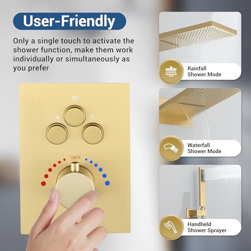 Thermostatic Shower System, Waterfall Shower Head(Brushed Gold) | 22-Inch Rain & Waterfall Large Shower Head, High Pressure Handheld Sprayer, 3 Modes Push Button Valve - color: Brushed Gold