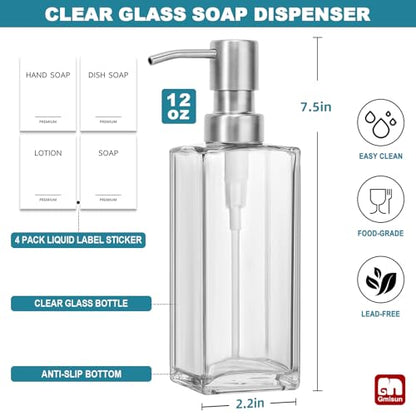 GMISUN Glass Soap Dispenser with Stainless Steel Pump, Clear Hand Soap Dispenser for Bathroom, 12 fl oz/350ml Hand and Dish Soap Dispensers Set for Kitchen, Refillable Liquid Soap and Lotion Bottle - color: Clear Bottle + Sliver Pump