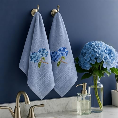 SmoothNovelty 2 Pcs Hydrangea Hand Towels Blue Hydrangea Floral Bathroom Decor 14x29 Inch Embroidered 100% Cotton Soft Absorbent Spring Summer Decorative Flowers Hand Towels for Bathroom Kitchen - style: Hydrangea Floral
