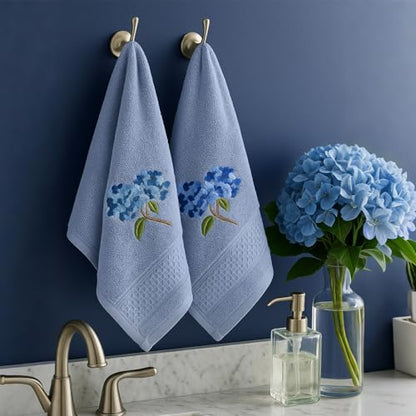 SmoothNovelty 2 Pcs Hydrangea Hand Towels Blue Hydrangea Floral Bathroom Decor 14x29 Inch Embroidered 100% Cotton Soft Absorbent Spring Summer Decorative Flowers Hand Towels for Bathroom Kitchen - style: Hydrangea Floral