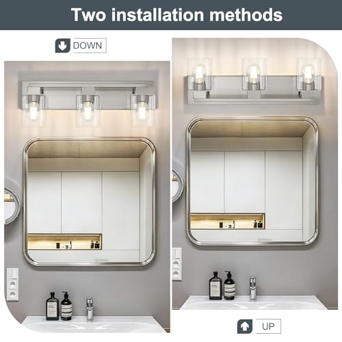 21.6 Inch Brushed Nickel Bathroom Light Fixtures, with Clear Glass Shade | 3-Light Bathroom Lighting Fixtures Over Mirror, Modern Wall Light, bathroom vanity light E26 Socket, ETL - color: Brushed Nickel, size: 3-Light