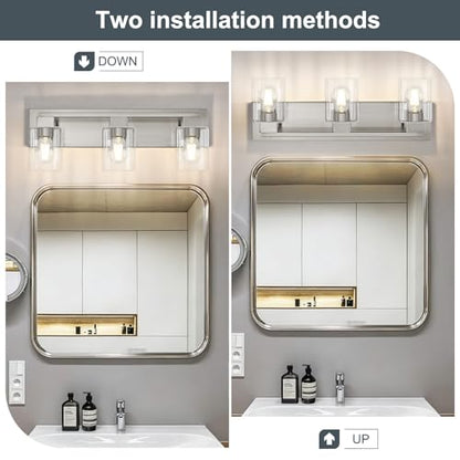 21.6 Inch Brushed Nickel Bathroom Light Fixtures, with Clear Glass Shade | 3-Light Bathroom Lighting Fixtures Over Mirror, Modern Wall Light, bathroom vanity light E26 Socket, ETL - color: Brushed Nickel, size: 3-Light